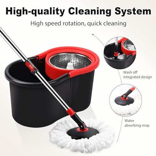 Spin Mop and Bucket, Mop and Bucket with Wringer Set for Home, 360 Spinning Mop Bucket Floor Cleaning Tool with 1 Microfiber Mop Replacement Head,50" Stainless Steel Handle (Black-Includes 1 mop) - color: Black-includes 1 Mop