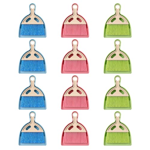 12 Pack Mini Broom with Dustpan Combo Set, Small Broom and Dustpan Set for Desk, Table, Car, Keyboard, Countertop, Pet Nest - 3 Colors (Blue, Green, Pink)