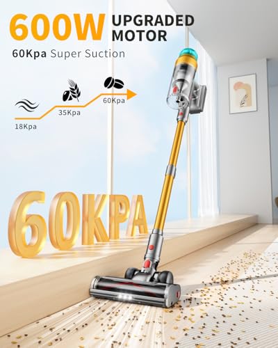 MBYULO Cordless Vacuum Cleaner for Home 600W 60Kpa Upgraded Powerful Stick Vacuum Up to 75Mins, Anti-Tangle & Wall Mount Charging, 8 in 1 Lightweight Vacuum Cleaners for Home/Pet Hair/Carpets/Floors - size: 600