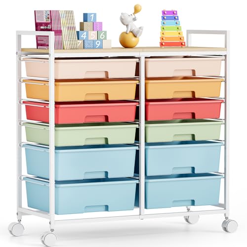 Rolling Storage Cart with 12 Drawers, Wooden Tabletop Utility Cart for Craft Storage, Art Supply Storage & Home Office Organization, Teacher Cart with Wheels for Classroom, School (Rainbow) - color: Rainbow