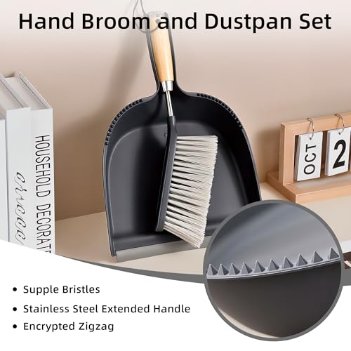 Hand Broom and Dustpan Set with Bamboo and Stainless Steel Handle, PET Bristles, Portable Cleaning Kitchen Countertops, Table Tops,Crumbs,beds,Sofas,Camping,Cars and Animal Cages