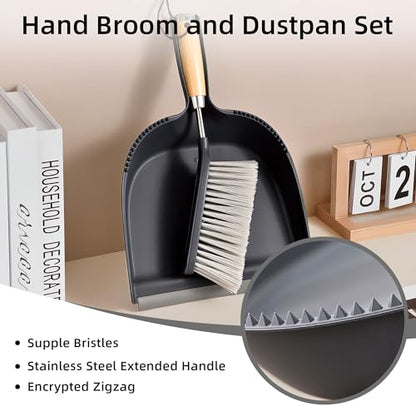 Hand Broom and Dustpan Set with Bamboo and Stainless Steel Handle, PET Bristles, Portable Cleaning Kitchen Countertops, Table Tops,Crumbs,beds,Sofas,Camping,Cars and Animal Cages
