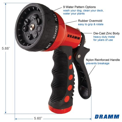 Dramm Revolver Heavy Duty Metal Garden Hose Nozzle – 9 Spray Patterns, High Pressure Jet, Thumb-Control Flow, Ergonomic Grip – Red - color: Red, style: 9-Pattern Revolver