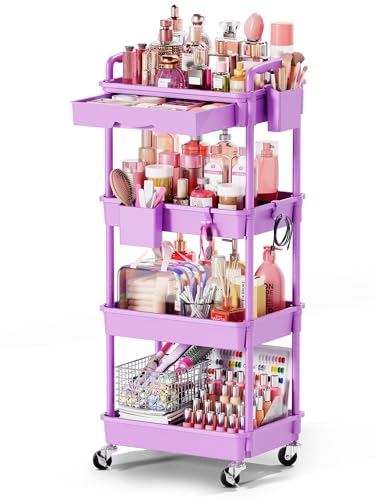 Goovilla Rolling Makeup Organizer Cart with Removable Drawer, 4 Tier Stable Purple Floor Skincare Storage Cart for Vanity, Cosmetic Display, Nail Polish, Perfume, Hair Stuff, Beauty, Bathroom(Plastic) - color: Purple, size: 4 Tier