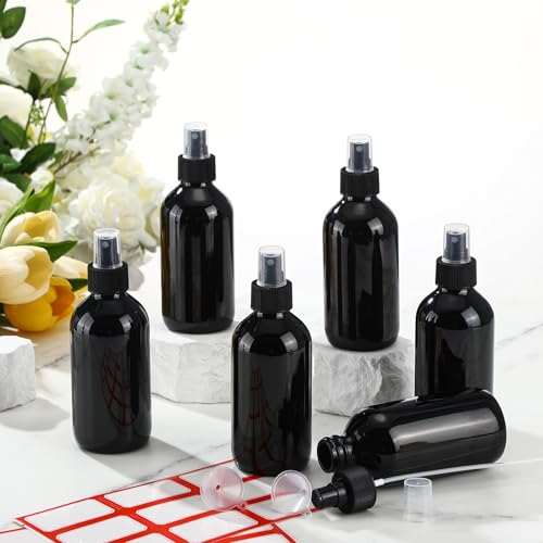 Norme 12 Pcs 8 oz Glass Spray Bottles with Funnels and Labels Refillable Cosmetic Empty Spray Bottles with Sprayer Containers for Essential Oil Cleaning Solutions(Black,Stylish) - color: Black, style: Stylish
