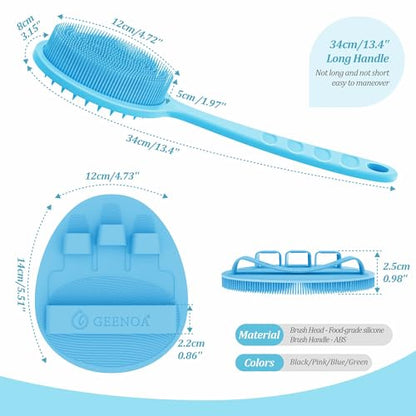 Silicone Back Scrubber & Bath Glove Set 2PCS, 13.4'' Gentle Shower Back Scrubber with Dual-Side Head Non-Slip Handle, 360° Anti-Slip Hand-fit Bath Glove for Rich Foaming Deep Cleaning(Blue) - color: Blue*2