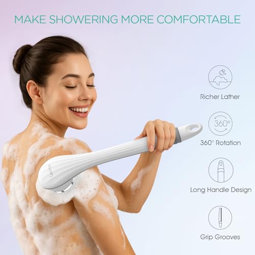 VOYOR Electric Body Brush Back Scrubber for Shower Rechargeable Exfoliating Bath Brush Powered Shower Brush with Non-Slip Long Handle Deep Cleansing, Exfoliation, Massaging Spin Brush BC100 (Grey) - color: Grey