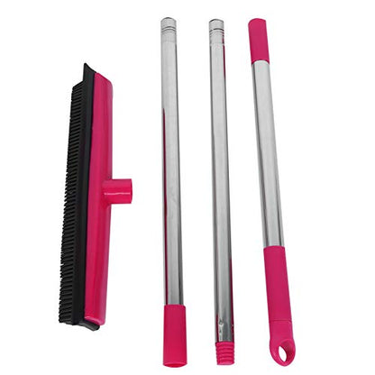 Pet Hair Removal Rubber Broom with Squeegee, Fur Remover Broom with Telescoping Long Handle for Carpet, Hardwood Floor, Tile, 12.6in (Pink) - color: Pink