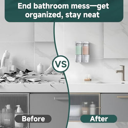 Shampoo and Conditioner Dispenser 2 Chamber No Drill Shower Soap Dispenser Wall Mounted Shampoo Conditioner Body Wash Dispenser 2 * 500ml Refillable Shower Dispenser for Bathroom Hotel, Silver - color: Silver 2 Chamber