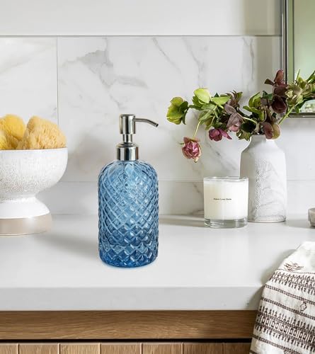 JASAI 18Oz Gem Patterned Glass Soap Dispenser for Kitchen and Bathroom, Refillable with Rust Proof Stainless Steel Pump (Blue) - color: Navy Blue