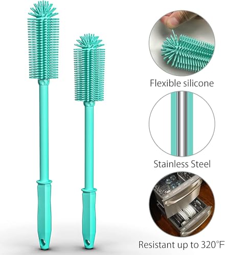 Long Silicone Bottle Cleaning Brush | 2 Pack| 16”+13”Water Bottle Brush Cleaner Brush for Hydro Flask,Glassware,Vacuum Sports Bottle&Vases,Silicone Water Bottle Cleaner Brush for Narrow Neck - color: Green