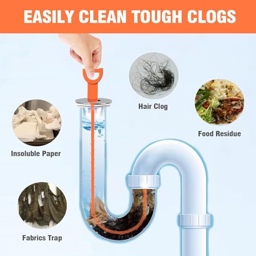 5Pcs Drain Snake, 20In Flexible Durable Sink Snake Auger Cleaner Tool with Barbed Teeth for Kitchen Bathroom Shower Tub Toilet Sewer, Clog Hair Remover Tool, Easy to Use Drain Opener, Orange