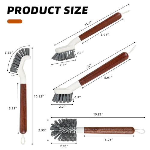 4-Pack Heavy Duty Scrub Brushes with 11" Sapele Wood Handle – PBT Bristles & TPR Loop – Kitchen, Bathroom, Grout, Dish & Tile Cleaner – Durable Non-Slip Multi-Surface Cleaning Brush Set