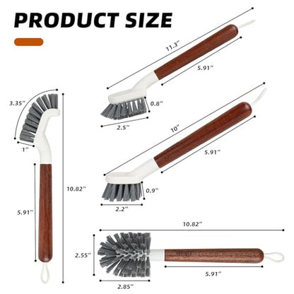 4-Pack Heavy Duty Scrub Brushes with 11" Sapele Wood Handle – PBT Bristles & TPR Loop – Kitchen, Bathroom, Grout, Dish & Tile Cleaner – Durable Non-Slip Multi-Surface Cleaning Brush Set