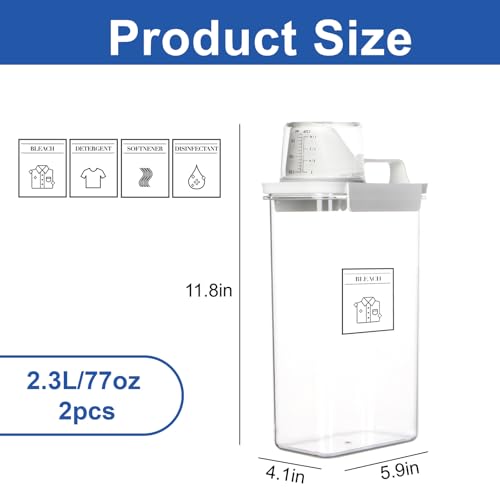 Laundry Detergent Dispenser, Liquid Laundry Container & Powder Soap Dispenser, 2 Pack Plastic Laundry Storage for Laundry Room Organization, Fabric Softener Dispenser (2.3L)
