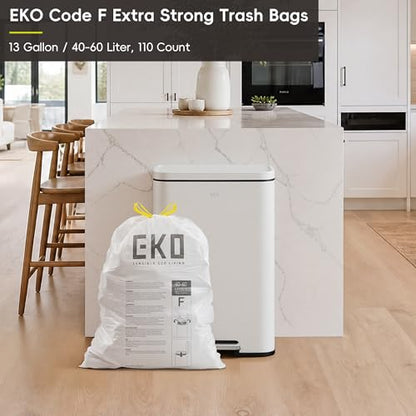 EKO 13 Gallon / 40-60 Liter,110 Count Drawstring Trash Bags, Extra-Strong Unscented Garbage Bags, Easy-Dispense Roll for Kitchen & Household Use, Resists Tears, Leaks and Punctures, Code F, White - size: 110 Count (Pack of 1), style: 13 Gallon Bags/Code F