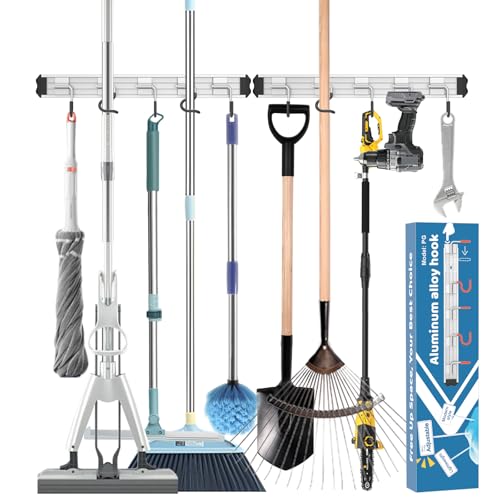 Mop and Broom Holder Wall Mount Garden Tool Rack Organizer, Modern Style,Movable Aluminum Alloy Wall Mounted Hook 2 Pack,Storage Gift for Bathroom,Closet,Laundry Room,Garage,Tool Room(Black) - color: Black, size: 2 Packs 5 Hooks