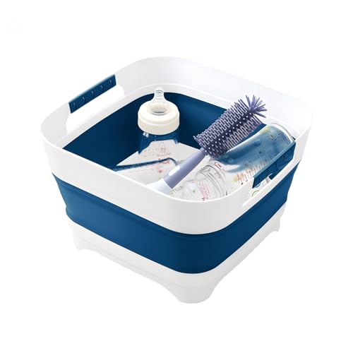 Collapsible Wash Basin for Baby Bottles - 2.4 Gallons Portable Wash Bin for RV Camping Sink, Space-Saving Dish Tub.Laundry & Utility Room Sinks (Navy blue) - color: Navy Blue