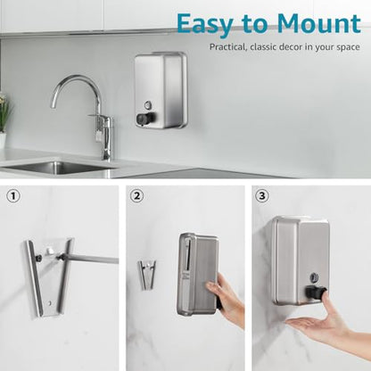 Commercial Wall Mount Soap Dispenser - Stainless Steel Bathroom Hand Soap 38.8oz Liquid - Anti-Leak Pump and Large Capacity Brushed Refillable - size: Vertical 38.8oz