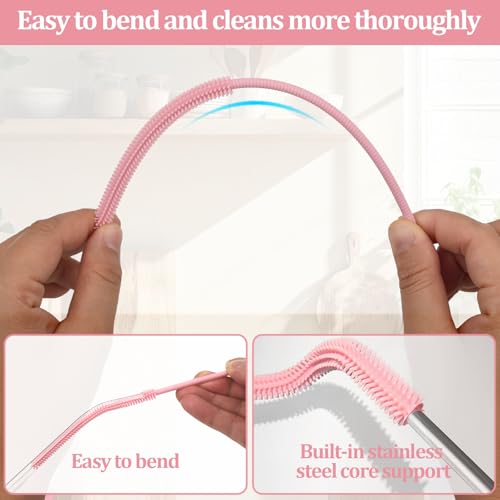 Silicone Straw Cleaner Brush, 2-Pack Extra Long Bristles Cleaner for Cleaning Stanley, Metal, Glass Straws, Drink Lids (Pink)