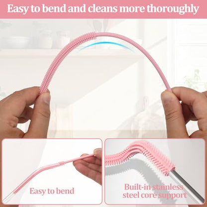 Silicone Straw Cleaner Brush, 2-Pack Extra Long Bristles Cleaner for Cleaning Stanley, Metal, Glass Straws, Drink Lids (Pink)