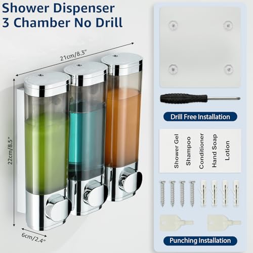 Pollock Shampoo and Conditioner Dispenser Wall Mounted, Shower Soap Dispenser 2 Chamber No Drill, Shampoo Dispenser for Shower, Body Wash Dispenser for Bathroom, Large Capacity, (Silver DG3 Chamber) - color: Silver Dg3 Chamber