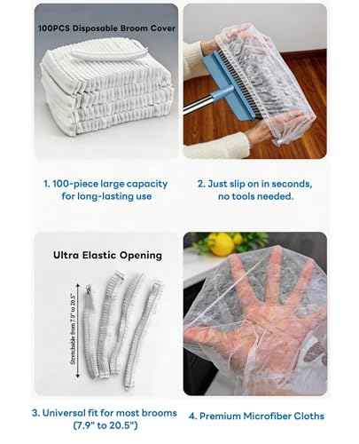 100 Pcs Disposable Broom Covers, Non-Woven Sweeper Sheets for Pet Hair Removal, Effectively Traps Dust, Lint & Hair for Floor & Carpet Cleaning, Universal Fit for Most Brooms