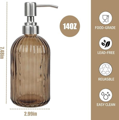 14Oz Brown Soap Dispenser Bathroom - 2 Pack, Clear Glass Hand Soap Dispensers with Stainless Steel Pump, Refillable Dish Soap Dispenser for Kitchen, Countertop Soap Dispensers - color: Brown（2-pack）