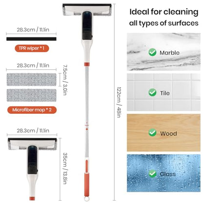 Spray Mop Window Cleaning Kit with Silicone Squeegee – Adjustable Aluminum Pole & Non-Slip Handle for Floors/Walls/Door/Windows/Cars/Bathroom, Detachable Tank & Washable Pads
