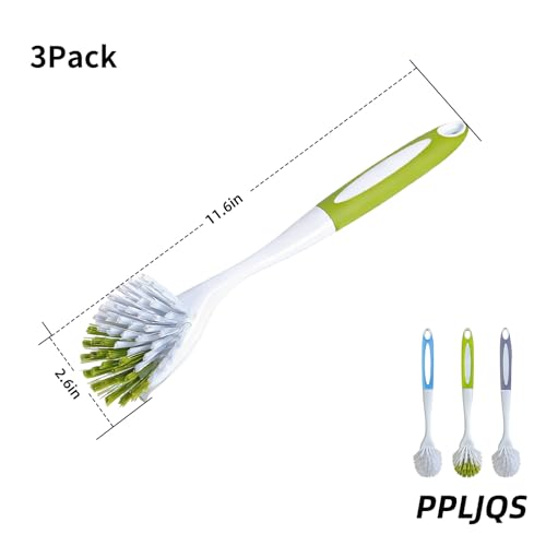 Dish Brush Scrub Brush with Handle - 3 Pack Stiff Bristles Dish Scrubber for Cleaning Dishes, Pots, Pans, Sink, Cast Iron - Hard Bristles,No Residue - color: Yellow-green, Gray, Light Blue