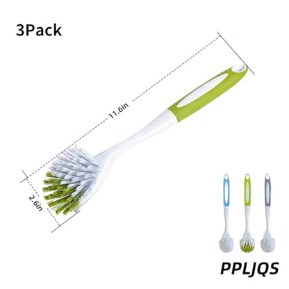 Dish Brush Scrub Brush with Handle - 3 Pack Stiff Bristles Dish Scrubber for Cleaning Dishes, Pots, Pans, Sink, Cast Iron - Hard Bristles,No Residue - color: Yellow-green, Gray, Light Blue