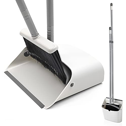Broom and Dustpan Set, JEHONN Long Handle Lightweight Broom Set Upright Standing Dustpan Stand Up Store Sweep Set for Home Room Kitchen Office Lobby - color: Gray and White