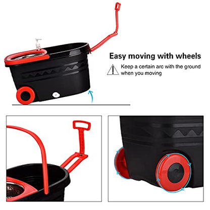 Spin Mop and Bucket with Wringer Set on Wheels, 360° Spinning Mop Bucket System with 3 Microfiber Mop Replacement Heads and 61" Stainless Steel Adjustable Handle for Floor Cleaning (25QT) - color: Black-2