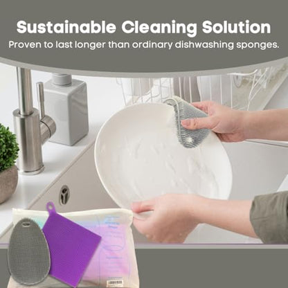Silicone Dish Sponge Dish Scrubber (Oval and Square) - Dual-Sided, Food Grade Silicone Sponges for Dishes and Housecleaning 2-Pack - color: 2 Pack Grey + Purple