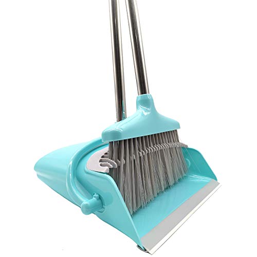 Extendable Long Handle Broom and Dustpan Set, Stainless Lightweight Upright Standing Broom and Dustpan Combo for Kitchen Lobby Office Living Room Household Indoor or Outside (Light Blue) - color: Light Blue