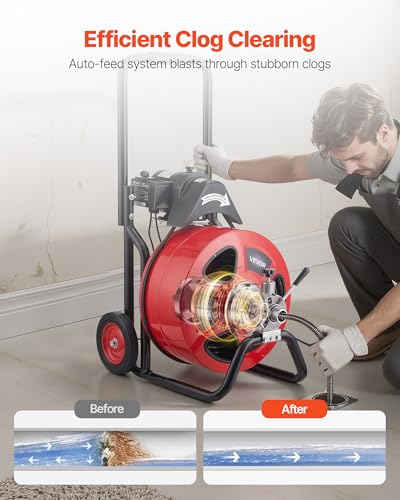 VEVOR Drain Cleaner Machine 100 FT x 3/4 Inch, Auto Feed Sewer Snake Auger on Wheels, Portable Drain Cleaning Machine with 4 Cutters & Air-activated Foot Switch for 4" to 8" Pipes - style: 100 FT x 3/4''