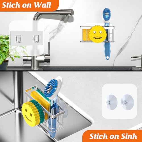 MURLONG Sponge Holder Smiley Face,Sink Caddy for Kitchen Sink,Sponge Holder with 2 PCS Suction Cups/1 PCS Adhesive Strips,Designed for Sponge,Soap,Dish Brush,Scrubber-Silver - color: Silver