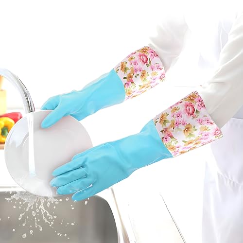 KINGFINGER Dishwashing Cleaning Gloves, 2 Pairs Reusable Rubber Gloves PVC Latex-Free Waterproof Long Cuff and Flock Lining Household Cleaning Glove(Blue + Purple) - color: Blue+purple