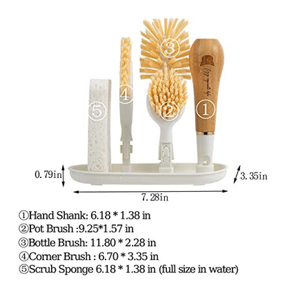 4-in-1 Kitchen Dish Brush Set,Bamboo Handle Crevice Brush with Storage Holder,Interchangeable Brush Heads,and Cleaning Tools for Bottles,Dishes,and Corners