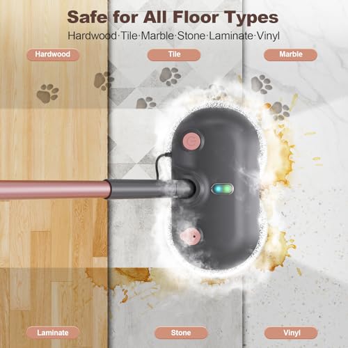 F6 Steam Mop Electric Rotating Steam Mop Head Pink, Large Tank, 23FT Cord, LED Headlights