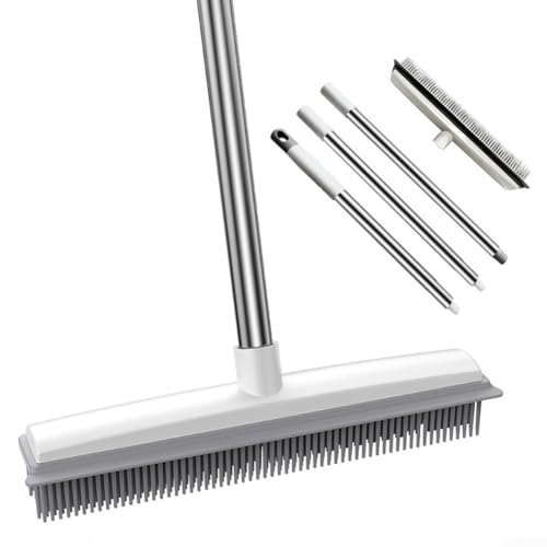 Rubber Cleaning Broom with Silicone Bristles and Stainless Steel Handle for Removing Pet Hair and Dust on Carpet Hardwood for Tile and Floor Surfaces