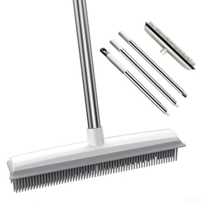 Rubber Cleaning Broom with Silicone Bristles and Stainless Steel Handle for Removing Pet Hair and Dust on Carpet Hardwood for Tile and Floor Surfaces