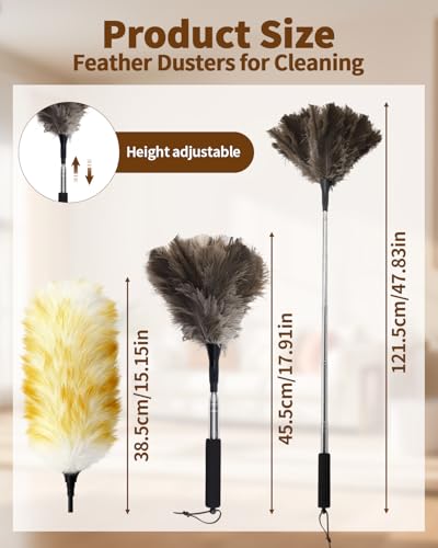 Extendable Ostrich Feather Duster with Bonus Wool Feather Duster Head - Natural Fluffy Non-Slip Handle Feathers Dusters for Cleaning Ceiling Fans, Blinds, Roof Dusting, High Surfaces (18-48 in) - color: Ostrich Feather Color+wool Color