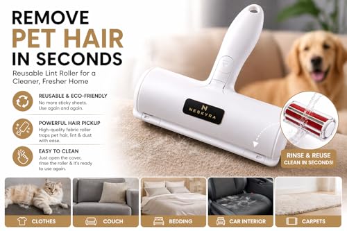 Pet Hair Remover Roller for Couch, Carpet, Furniture & Clothes – Reusable Lint Roller for Dog & Cat Hair – Washable Portable Fur Remover for Home & Car