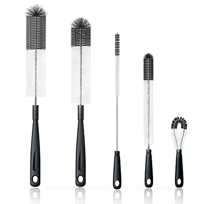 5Pcs Bottle Cleaning Brushes Multipurpose Brush - Bottle Cleaner for Washing Narrow Wine/Beer Bottles, Thermos, S’Well, Sports Water Bottles, Plus Kettle Spout/Lid Brush, Straw Brush (Black)