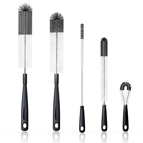 5Pcs Bottle Cleaning Brushes Multipurpose Brush - Bottle Cleaner for Washing Narrow Wine/Beer Bottles, Thermos, S’Well, Sports Water Bottles, Plus Kettle Spout/Lid Brush, Straw Brush (Black)
