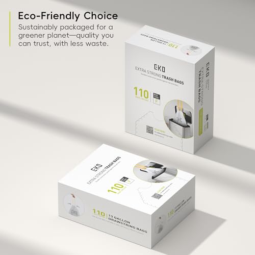 EKO 13 Gallon / 40-60 Liter,110 Count Drawstring Trash Bags, Extra-Strong Unscented Garbage Bags, Easy-Dispense Roll for Kitchen & Household Use, Resists Tears, Leaks and Punctures, Code F, White - size: 110 Count (Pack of 1), style: 13 Gallon Bags/Code F