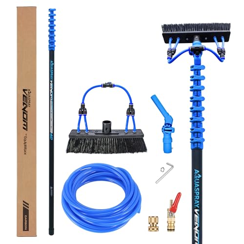 Aquaspray Venom 40FT Premium 24T Carbon Fiber Water Fed Pole Kit for Window & Solar Panel Cleaning, Anti-Spin Clamps, 10 inch Dual-Trim Brush, 55FT Hose, 3/4 in Quick Connect
