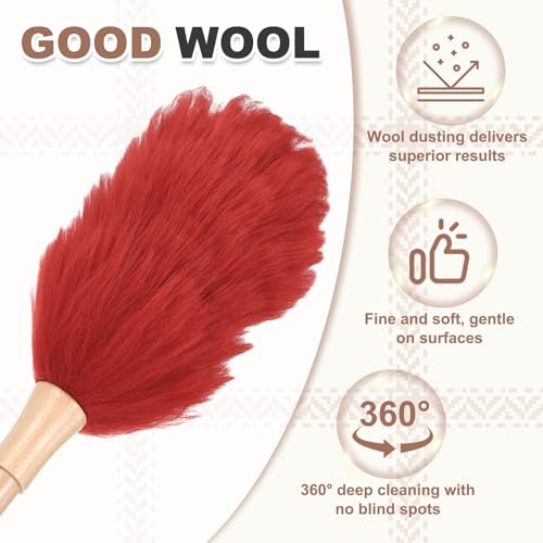 uxcell Wool Duster, 14.2" Natural Feather Cleaner Household Cleaning Duster with Solid Wooden Handle for Cleaning Fans Window Blinds Shelves Furniture, Red - color: Red, size: 14.2"