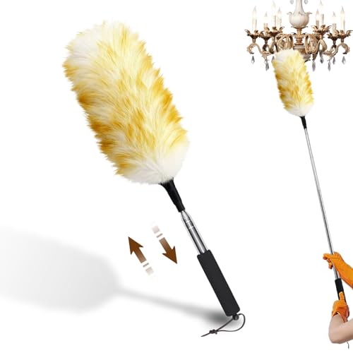 Extendable Wool Duster, 18-48 Inch Long Handle Duster with Natural Fluffy Wool Head, Dusters for Cleaning Ceiling Fans, Blinds, High Ceilings, Furniture, Washable & Reusable - color: Wool Color